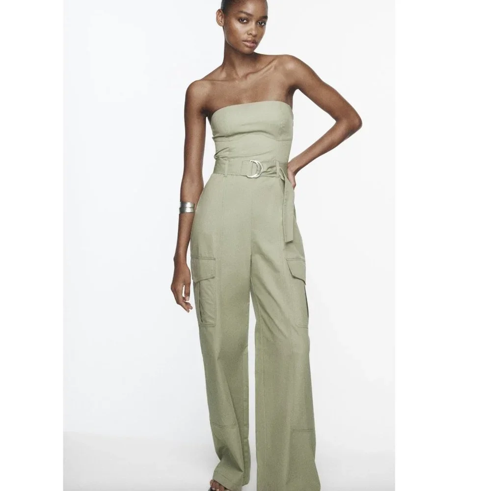 BLOGGER'S FAVE! Zara Wide Strapless Leg Jumpsuit Light Khaki NWT